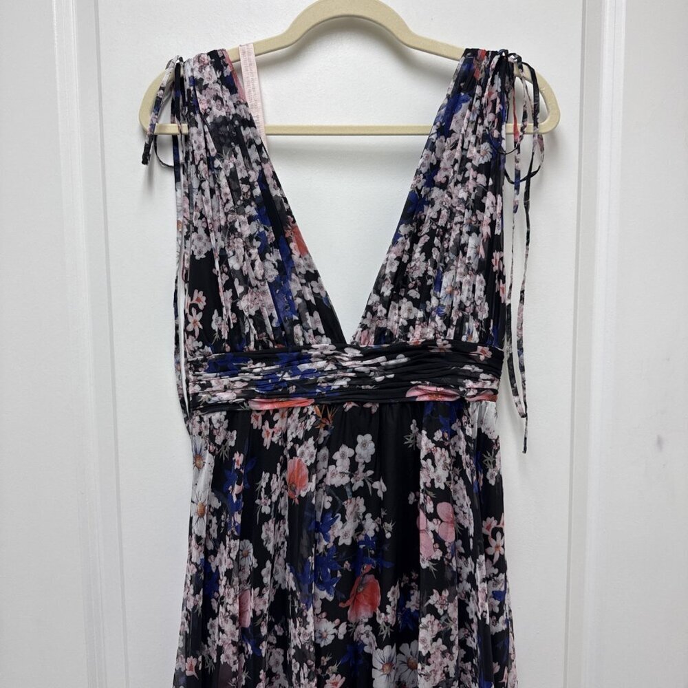 NWT Mac Duggal Size 4 Black Floral Tie Shoulder Chiffon V-Neck Maxi Dress Gown - Picture 5 of 11